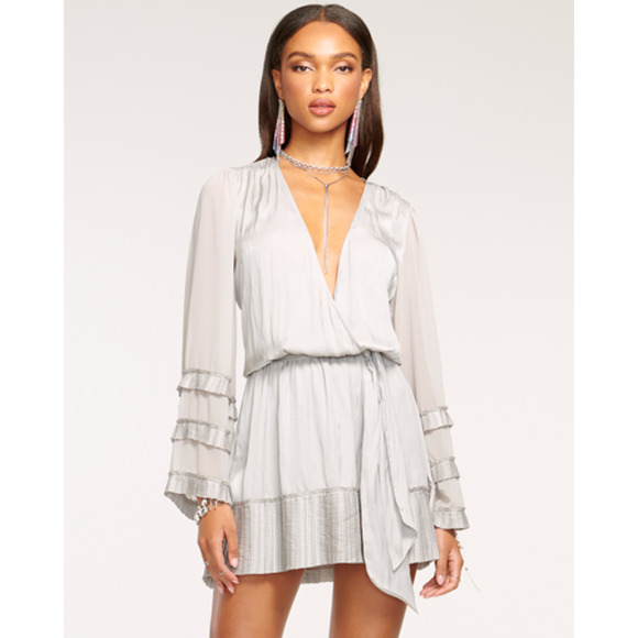 Ramy Brook Teri Tiered Mini Dress Crystal Grey Silky Soft Deep V Classy *READ* - Picture 1 of 10
